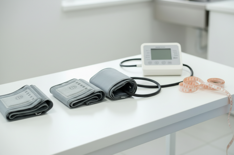 table with blood pressure cuffs, monitor, and measuring tape