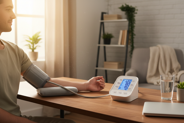 Man sitting down taking blood pressure at home