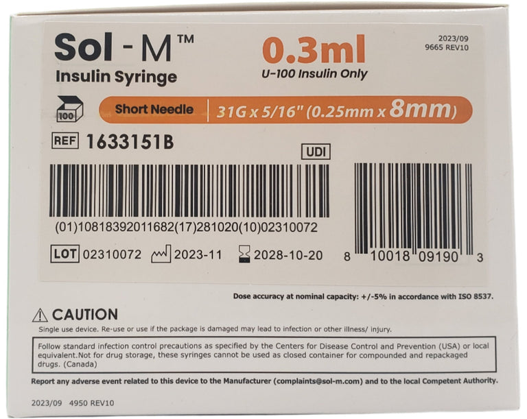 SOL-M 0.3ml Insulin Syringe w/Fixed Needle 31G x 8mm