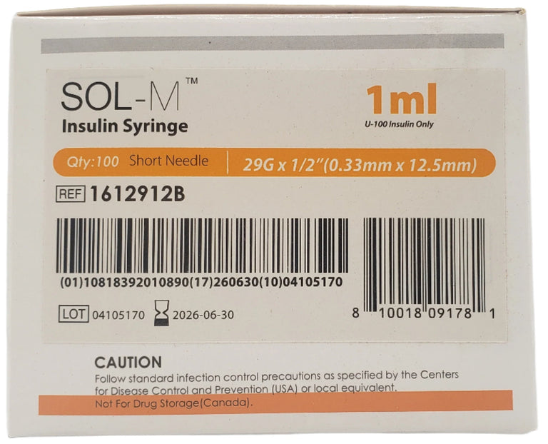 SOL-M 1ml Insulin Syringe w/Fixed Needle 29G x 1/2