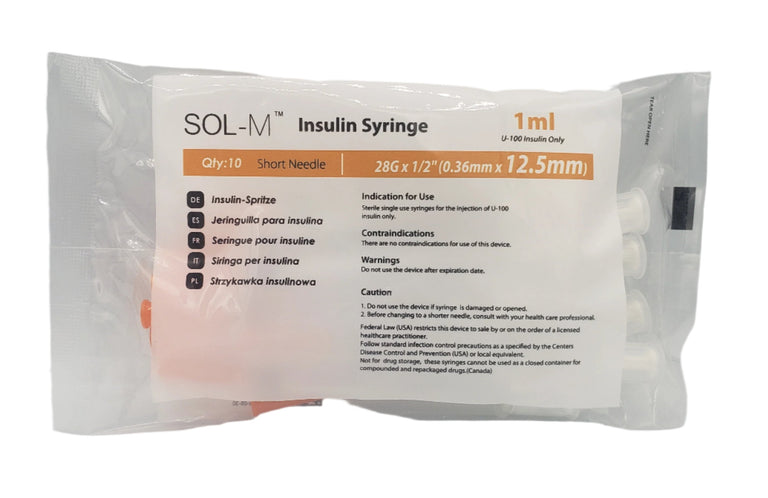 SOL-M 1ml Insulin Syringe w/Fixed Needle 28G x 1/2