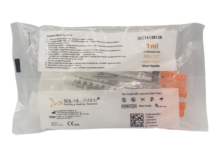 SOL-M 1ml Insulin Syringe w/Fixed Needle 28G x 1/2