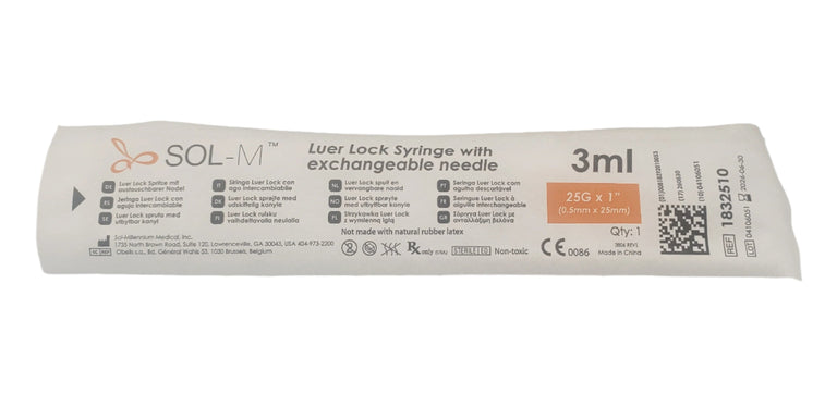 SOL-M 3ml Luer Lock Syringe w/ Detachable Needle 25G x 1''