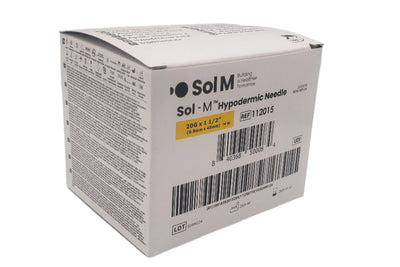 Front and top view of SOL-M Hypodermic Needle 20G × 1½" box on white background: sterile single-use needle, lubricated triple-bevel tip, color-coded hub, REF 112015, box of 100