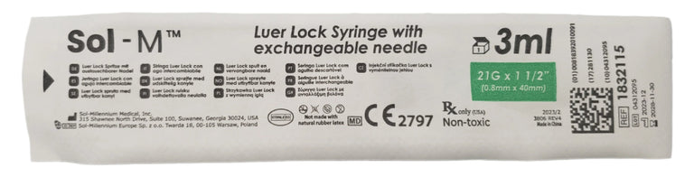 SOL-M Luer Lock Syringe 3ml 21G x 1.5