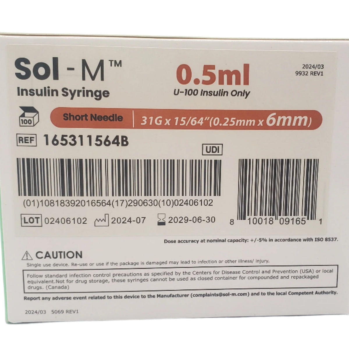 SOL-M 0.5 mL Insulin Syringe 31G × 6 mm Fixed Needle | Box 100