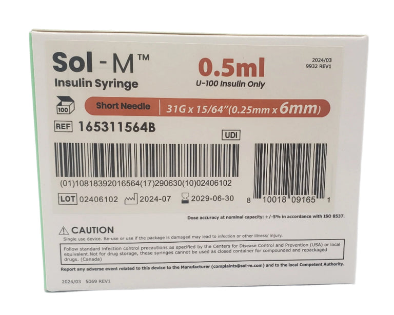 SOL-M 0.5ml Insulin Syringe w/Fixed Needle 31G x 6mm