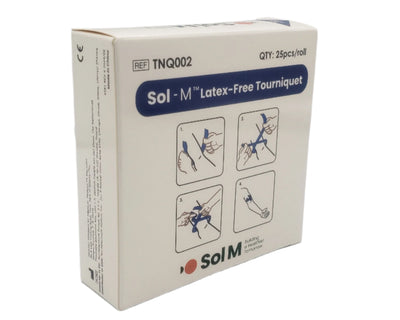 Front view of SOL-M Latex-Free Tourniquets box on white background: disposable medical venous access straps, sterile single-use, REF TNQ002, box of 25