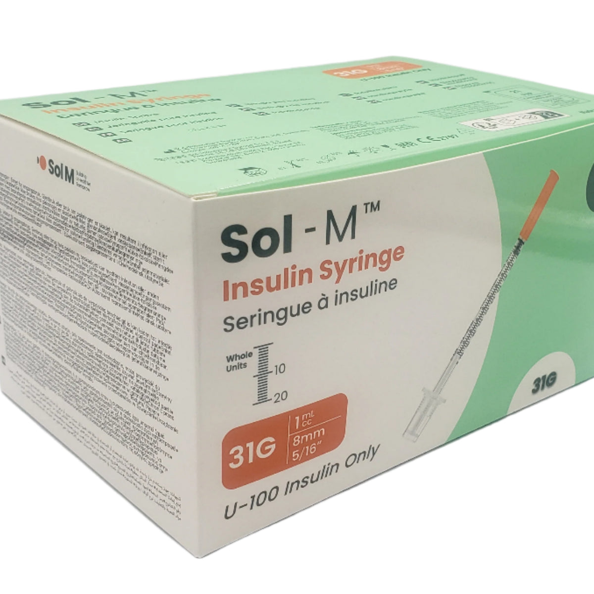 SOL-M 1 mL Insulin Syringe 31G × 8 mm Fixed Needle | U-100 | Box 100
