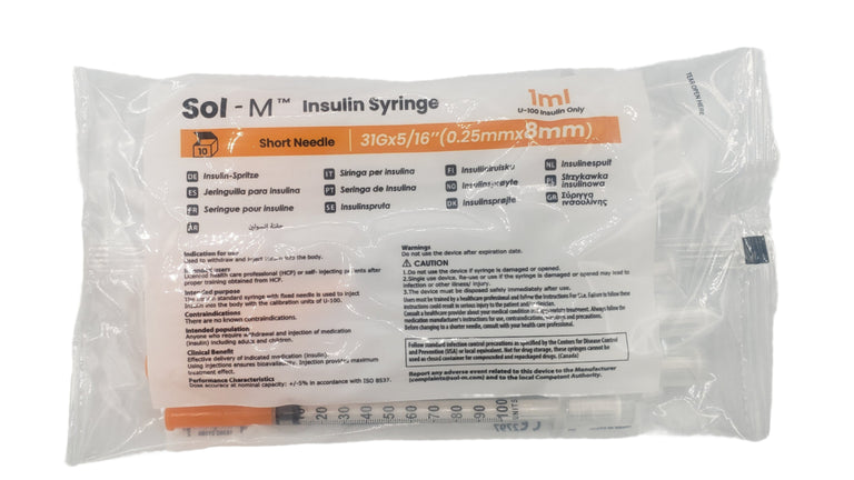 SOL-M 1ml Insulin Syringe w/Fixed Needle 31G x 8mm