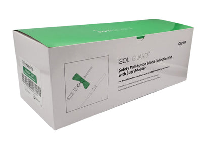 Top and front view of SOL-GUARD Safety Blood Collection Set 21G × 0.75" box on white background: 12" pre-attached tubing label, pull-button safety shield, sterile single-use phlebotomy pack, REF PBLA2112