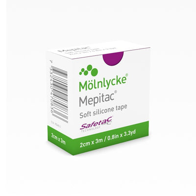 Molnlycke Mepitac soft silicone tape packaging on a white background