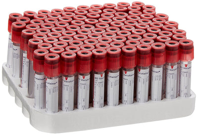 Front view of BD Vacutainer Serum Tube with Hemogard Closure 2 mL box on white background: sterile plastic tubes, red closure label, Hemogard safety shield, 2 mL draw volume, REF 368493, box of 100