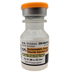 Bacteriostatic Sodium Chloride 0.9% Injection USP 10mL vial front view, Hospira flip-top with benzyl alcohol preservative