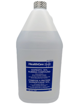 Front view of Healthcare Plus Isopropyl Alcohol 70% USP Medical Grade 4L jug: 1 gallon bottle, disinfectant & solvent label