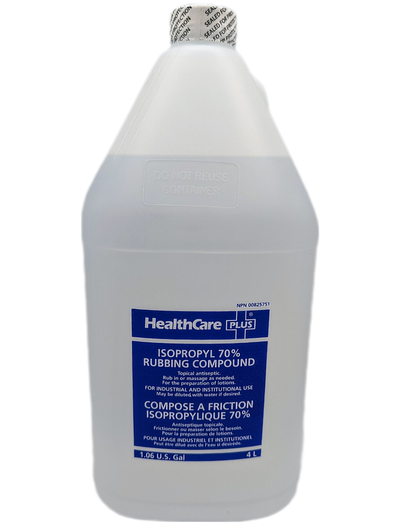 Front view of Healthcare Plus Isopropyl Alcohol 70% USP Medical Grade 4L jug: 1 gallon bottle, disinfectant & solvent label