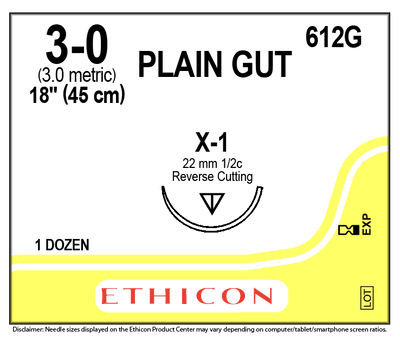 Ethicon 612G Plain Gut Suture 3-0 Undyed 18"
