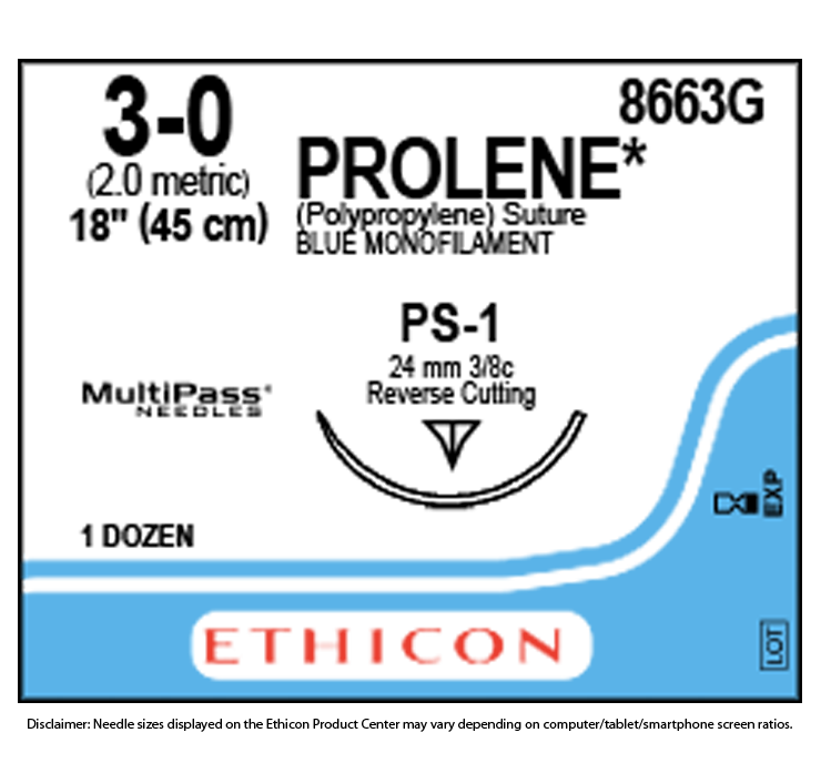 Blue and red Ethicon medical device packaging on a white background