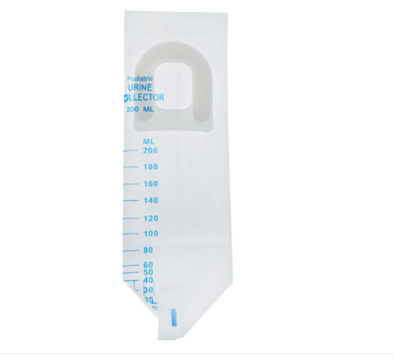 A white pediatric urine collector bag with blue measurement markings and text, shown on a plain white background.