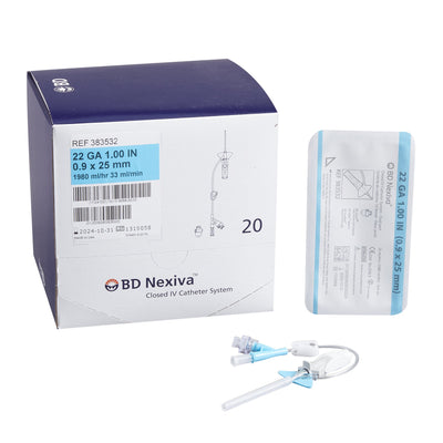 Front view of BD Nexiva Dual Port Closed IV Catheter 22G × 1" box on white background with unpackaged catheter on right side: sterile single-use high-flow system, blood control septum, diffusion tip, dual-port extension, blue stabilization platform, REF 383532, box of 20