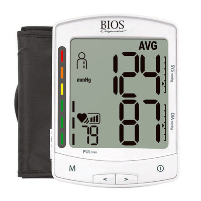 Front view of BIOS BD412 Premium Blood Pressure Monitor on white background: large backlit display showing BP readings, AFIB detection indicator, wide-range cuff attached, Hypertension Canada recommended logo
