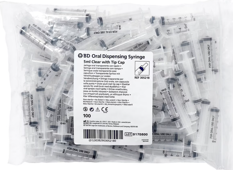 BD 5 mL Oral Syringe 305218 | Clear Barrel with Tip Cap | Non-Sterile | Bag of 100