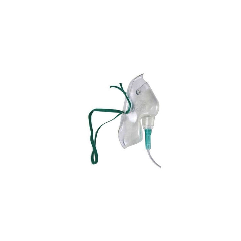 Medical oxygen mask with green strap on a white background
