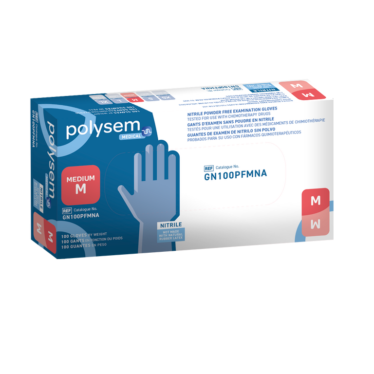 Polysem Chemical GN100PFFMA nitrile powder free examination gloves in a blue and white box, size Medium.