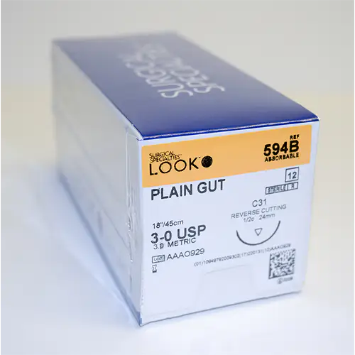 Look™ LK594B Plain Gut Absorbable Suture, Size 3-0, 18 in, C31 Reverse Cutting Needle