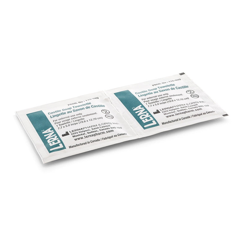 LERNA™ Castile Soap Towelettes 115-02U | Alcohol-Free, Fragrance-Free Skin Cleansing Wipes | Individually Wrapped | Box of 300