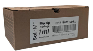 Front and top view of SOL-M 1 mL slip tip sterile syringe low dead space box on white background: clear barrel label, bold graduations, no needle, REF P180011LDS, box of 100