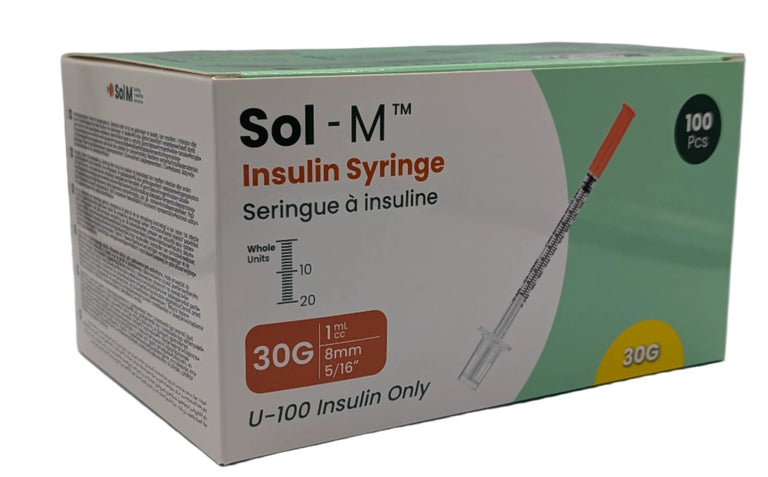 SOL-M 1ml Insulin Syringe w/Fixed Needle 30G x 8mm