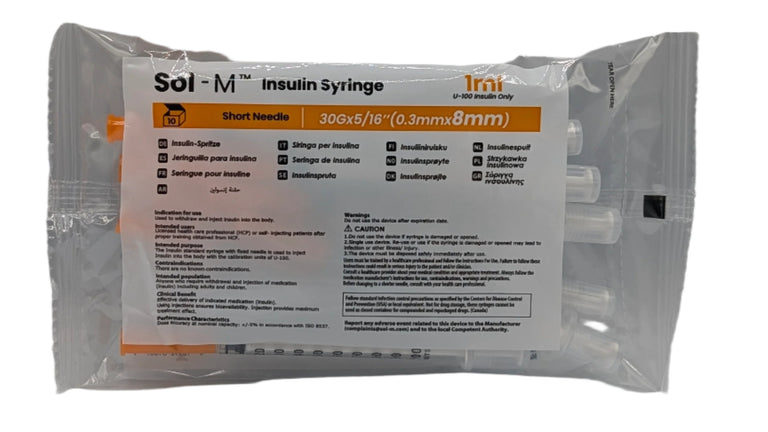 SOL-M 1ml Insulin Syringe w/Fixed Needle 30G x 8mm