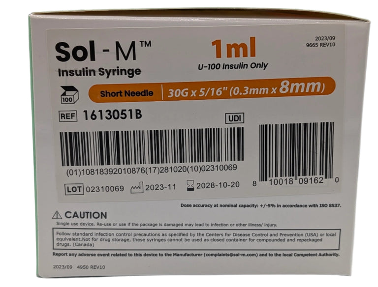 SOL-M 1ml Insulin Syringe w/Fixed Needle 30G x 8mm