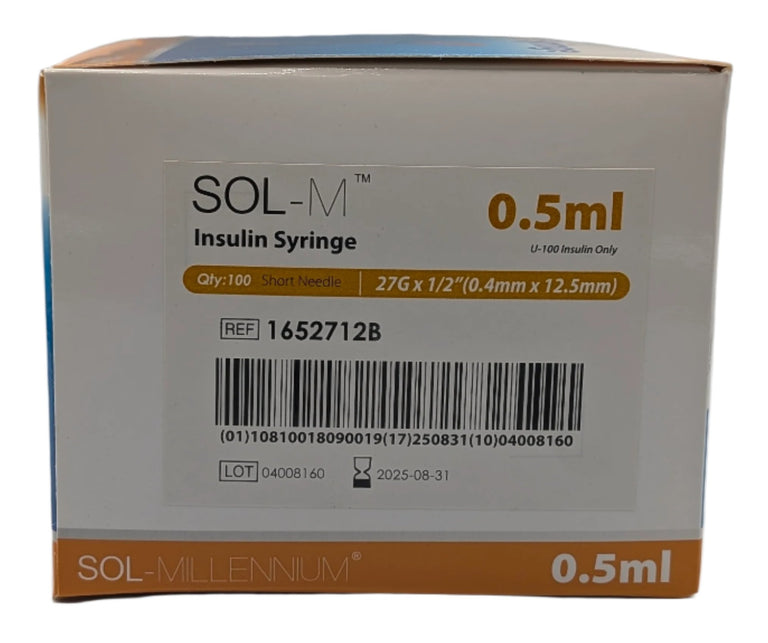 SOL-M 0.5ml Insulin Syringe w/Fixed Needle 27G x 1/2