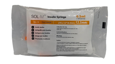 Front view of SOL-M 0.5 mL insulin syringe with fixed 27G × ½" needle packaging on white background: ultra-fine short needle, U-100 sterile syringe, clear barrel label, REF 1652712B, 10 per bag