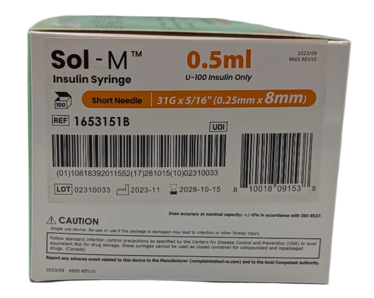 SOL-M 0.5ml Insulin Syringe w/Fixed Needle 31G x 8mm