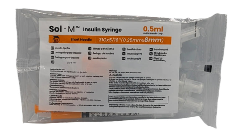 SOL-M 0.5ml Insulin Syringe w/Fixed Needle 31G x 8mm