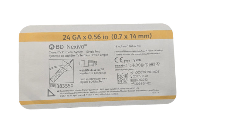 BD 383550 Nexiva MaxZero Closed IV Catheter Single Port 24G x 0.56