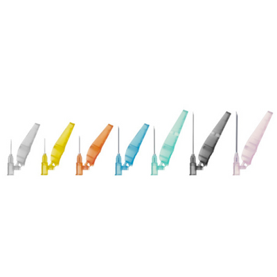 Unpackaged SOL-CARE Safety Needles in 7 colors on white background: 27G × ½" flip-style safety needles, sterile single-use, color-coded for quick identification, REF SN2712