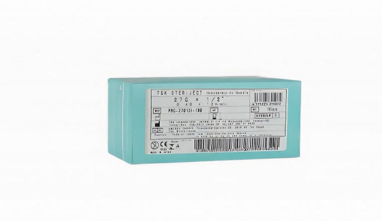 Rectangular blue box containing TSK needles with a label on a white background