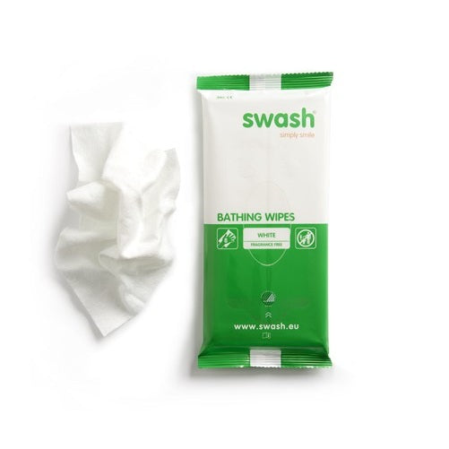 A pack of Swash Bathing Wipes in white, shown standing upright next to a single crumpled white wipe on a clean white background.