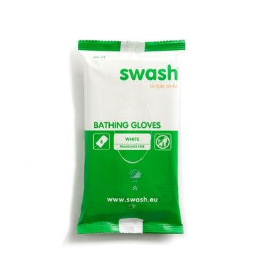 A package of Swash Bathing Gloves in white, sealed in a green and white plastic bag with the brand name 'swash' printed in green at the top.