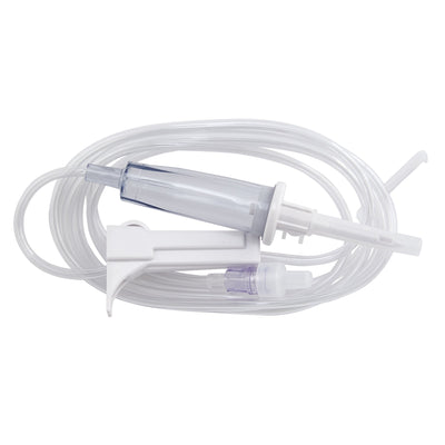 B. Braun V1402 Basic IV Administration Set individual view: 79" tubing, 15 drop/mL drip chamber, roller clamp, universal spike, Spin-Lock Luer connector, no ports