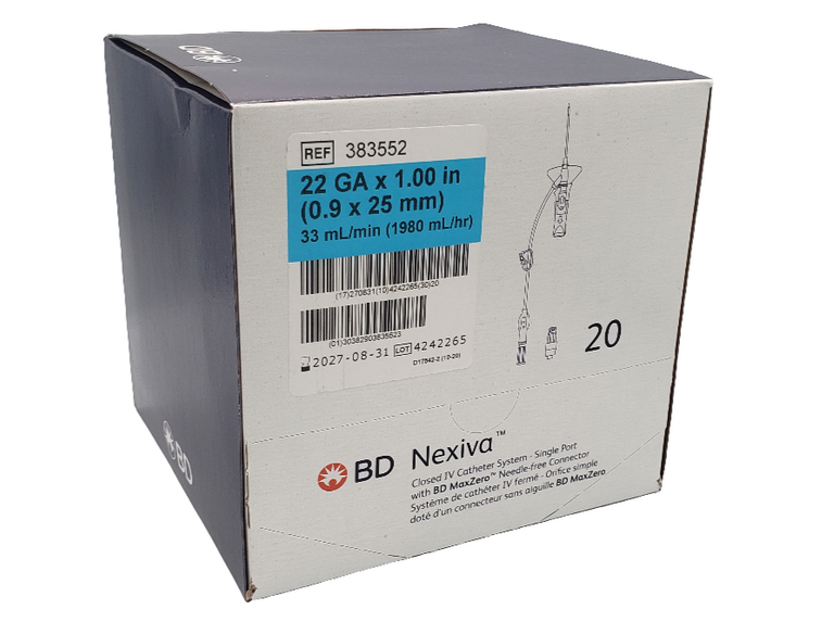 BD 383552 Nexiva MaxZero Closed IV Catheter System—Single Port 22G x 1