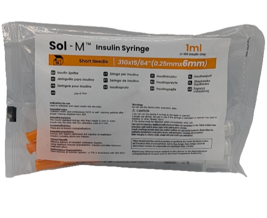 SOL-M 1ml Insulin Syringe w/Fixed Needle 31G x 6mm