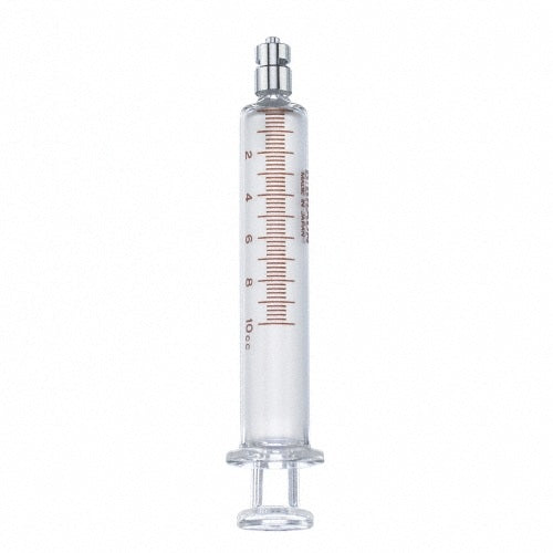 A clear glass or plastic syringe-style dropper bottle with brown measurement markings and a silver-toned cap, shown upright on a plain white background.