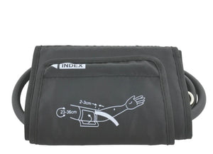 Black blood pressure cuff with measurement diagram on a white background