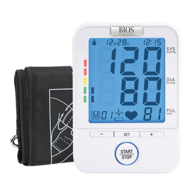 Front view of BIOS BD201 Easy Read Blood Pressure Monitor on white background: large clear display, Hypertension Canada recommended logo, wide-range cuff attached, black monitor with white buttons, AC adapter included