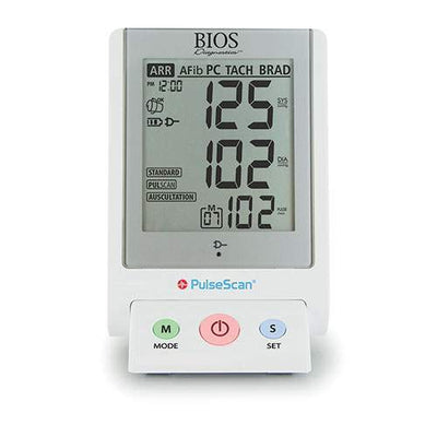 Front view of BIOS BD270 Pulse Scan Professional Blood Pressure Monitor on white background: large clear display showing BP readings, AFIB detection indicator, control buttons, wide-range cuff attached, Hypertension Canada Gold endorsed logo